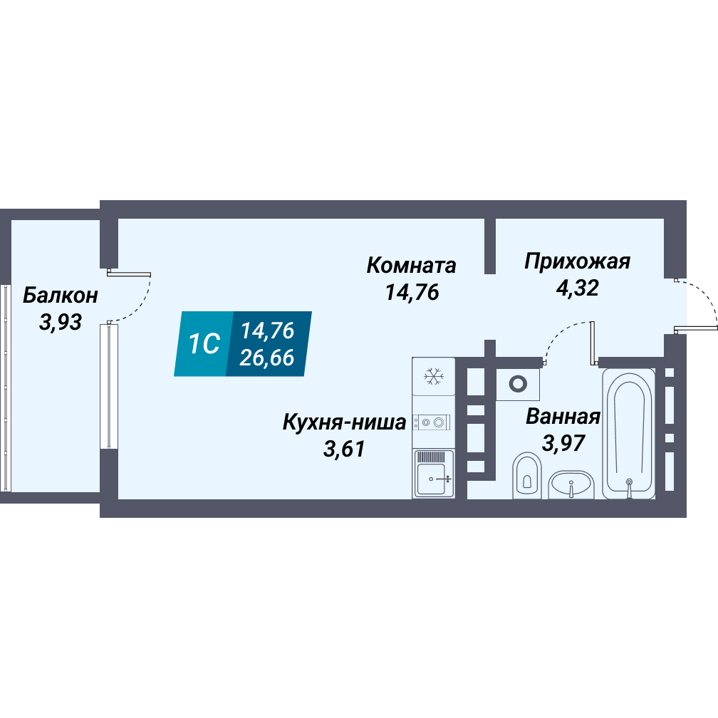 1 комнтаная квартира 26,66 м²