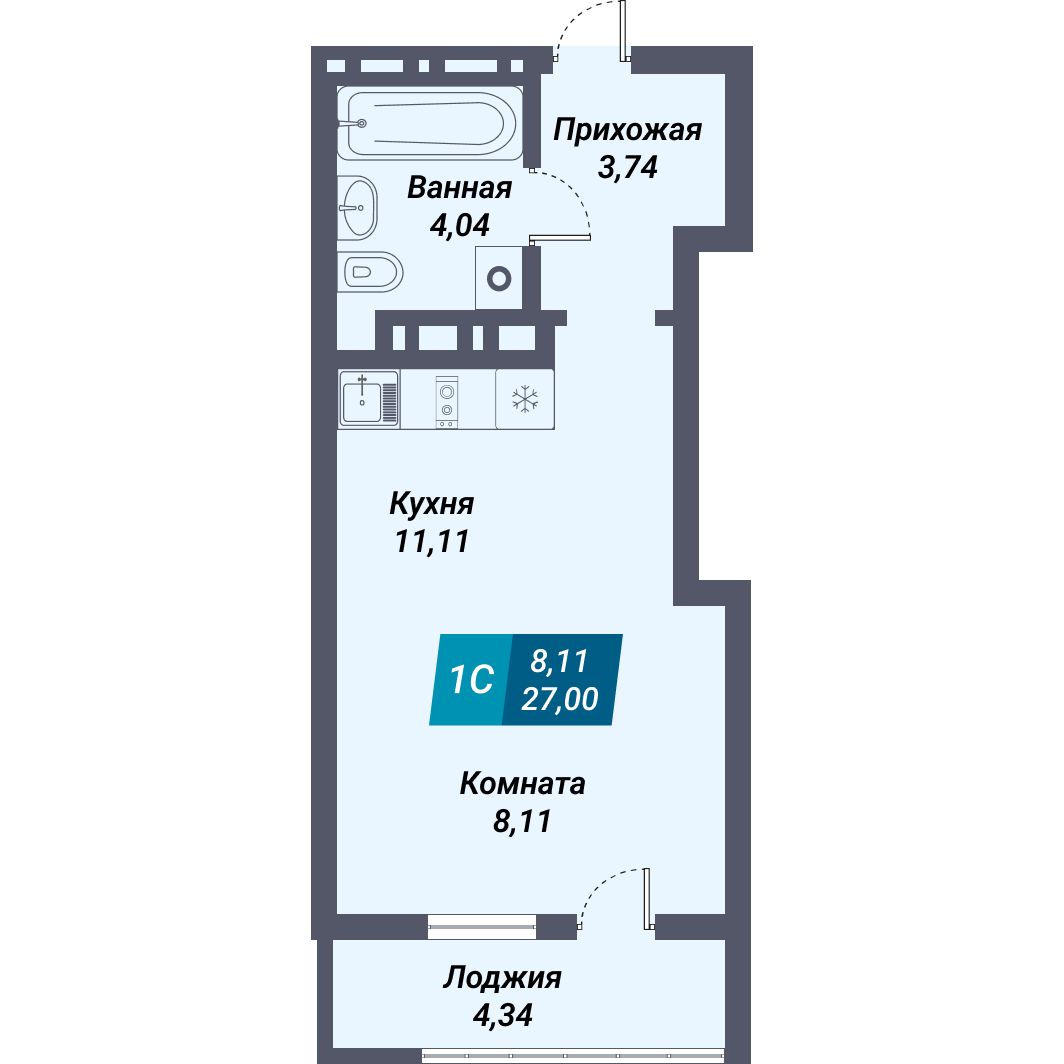 1 комнтаная квартира 27,00 м²